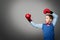 Child in Boxing Gloves, Elegant Kid Boy Boxer Raised Arms Up