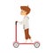 Child boy cartoon character riding scooter, flat vector illustration isolated.