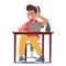 Child Boy Character Wearing Headphones, Engrossed In Work At A Desk With A Laptop, Immersing In Technology