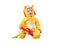 Child boy,dressed in lion carnival suit, isolated on white background. Baby zodiac - sign Leo.