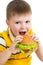 Child boy eating hamburger isolated