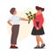 Child Boy Giving Flowers to Girl Friend. Little Kid Character Presenting Blossoms for Birthday Holiday Celebration