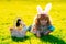 Child boy hunting easter eggs. Cute kid in rabbit costume with bunny ears having easter in park. Children hunt easters