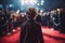 Child boy in jacket red carpet. Generate AI