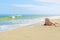 Child boy lying sand beach