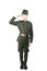 Child boy in military uniform, giving military greeting, on white background