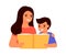 Child boy and mother read book, learn lesson. An open book for reading, learning, education and entertainment. Mom help