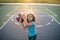 Child boy preparing for basketball shooting. Best sport for kids.