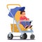 Child Boy Sit In Stroller Isolated On White Background. Baby Carriage For Walking On Street. Cute Toddler In Pram