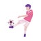 Child boy skilled soccer player character, flat vector illustration isolated.