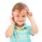 Child, boy and smile for glasses in studio, eyes and vision support by white background. Happy male person, kid and