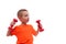 Child boy sport exercising raise dumbbells isolated