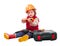 Child in builder hardhat with tools