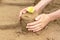 A child builds sand castles on the beach in the summer. Sea tour. Child`s hands in the sand. Entertainment in the fresh air.