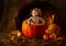 Child in cap inside pumpkin. Autumn harvest