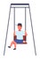 Child in cap rides swing. Happy fun time. Vector cartoon classic style illustration of a little boy