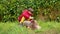 Child caress his shar pei puppy