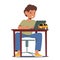 Child Character Engaged In Learning, Seated At A Desk, Focused On Typing On Laptop. Little Boy Exploring Technology