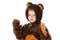 Child in a christmas carnival bear costume isolated on white with copy space