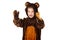Child in a christmas carnival bear costume isolated on white with copy space,  joy