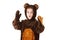 Child in a christmas carnival bear costume on white