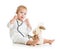 Child with clothes of doctor examining hare toy