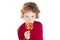 Child crossed eyes licking lollipop candy