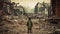 Child in a dirty clothes stands looks to destroyed city after the war, rear view. A lonely boy standing against the background of