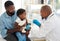 Child doctor, pediatrician vaccine and healthcare facility with a kid patient and father for vaccination. Children and