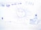 Child drawing blue pen sun clouds house word mom