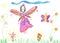 Child drawing fairy flying on a flower