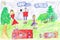 Child drawing of a happy Sports Family with kids,having fun outdoor