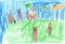 Child drawing of a happy Sports Family with kids,having fun outdoor