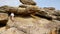 A child in a dress climbs rocks and stones.