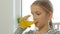 Child Drinking Orange Juice, Kid at Breakfast in Kitchen, Girl Lemon Fresh