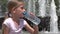 Child Drinking Water in Park, Thirsty Girl Portrait View by Fountain Outdoor 4K