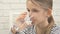 Child Drinking Water, Thirsty Kid Studying Glass of Fresh Water, Girl in Kitchen