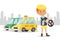 Child driver stand car, taxi on city background vector illustration. Kid chauffeur work profession, driving hobby of