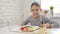 Child Eating Breakfast in Kitchen, Kid Eats Healthy Food Eggs, Girl Vegetables