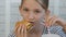 Child Eating Hamburger, Kid in Fast Food Restaurant, Girl Drinking Juice