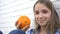 Child Eating Oranges Fruits at Breakfast, Girl Kid Smelling Healthy Food Kitchen