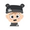 Child with emotions panic, surprised face, shocked eyes in bear hat