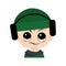 Child with emotions of suspicious, displeased eyes in green hat with headphones