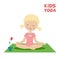 The child is engaged in kids yoga. Little girl exercise on the green carpet near a flower. Cartoon flat character