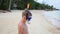 The child enters the sea for snorkeling. Outdoor Sports. Diving