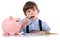 Child with expressive piggy bank calculates options for his savings