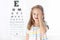 Child at eye sight test. Kid at optitian. Eyewear for kids.