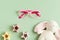 Child eyeglasses over pastel background. Optical store, glasses selection for kids