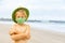 Child in face masks have fun on sea beach