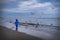 A child feeds seagulls on the beach